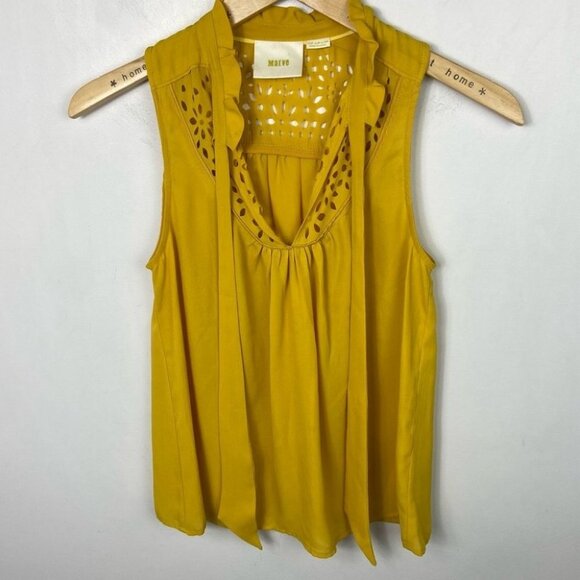 Anthropologie‎ Maeve Mustard Yellow Laser Cut Out Tie Neck Blouse Size 2 Petite - Picture 14 of 16